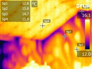 Thermal image of thermal bypass in dot and dab plaster boarded walls